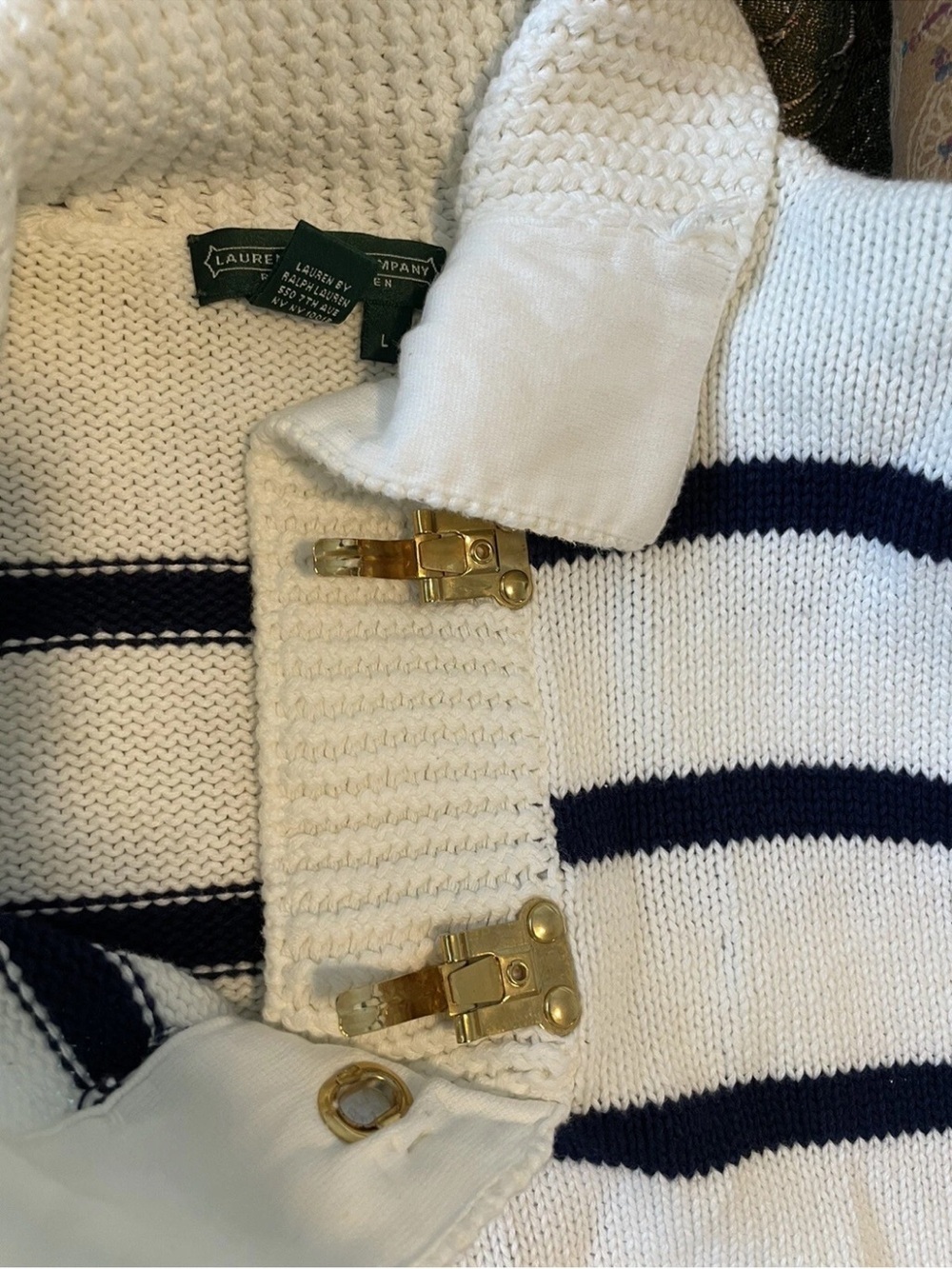 Ralph Lauren White & Navy Striped Polo-Collar Sweater - Picture 12 of 15